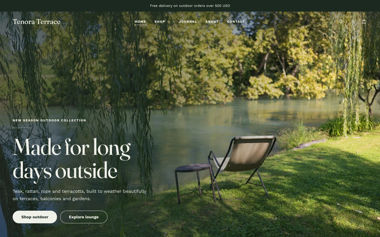 The Terrace preset home page on desktop, with a garden chair by a lake and the heading "Made for long days outside"