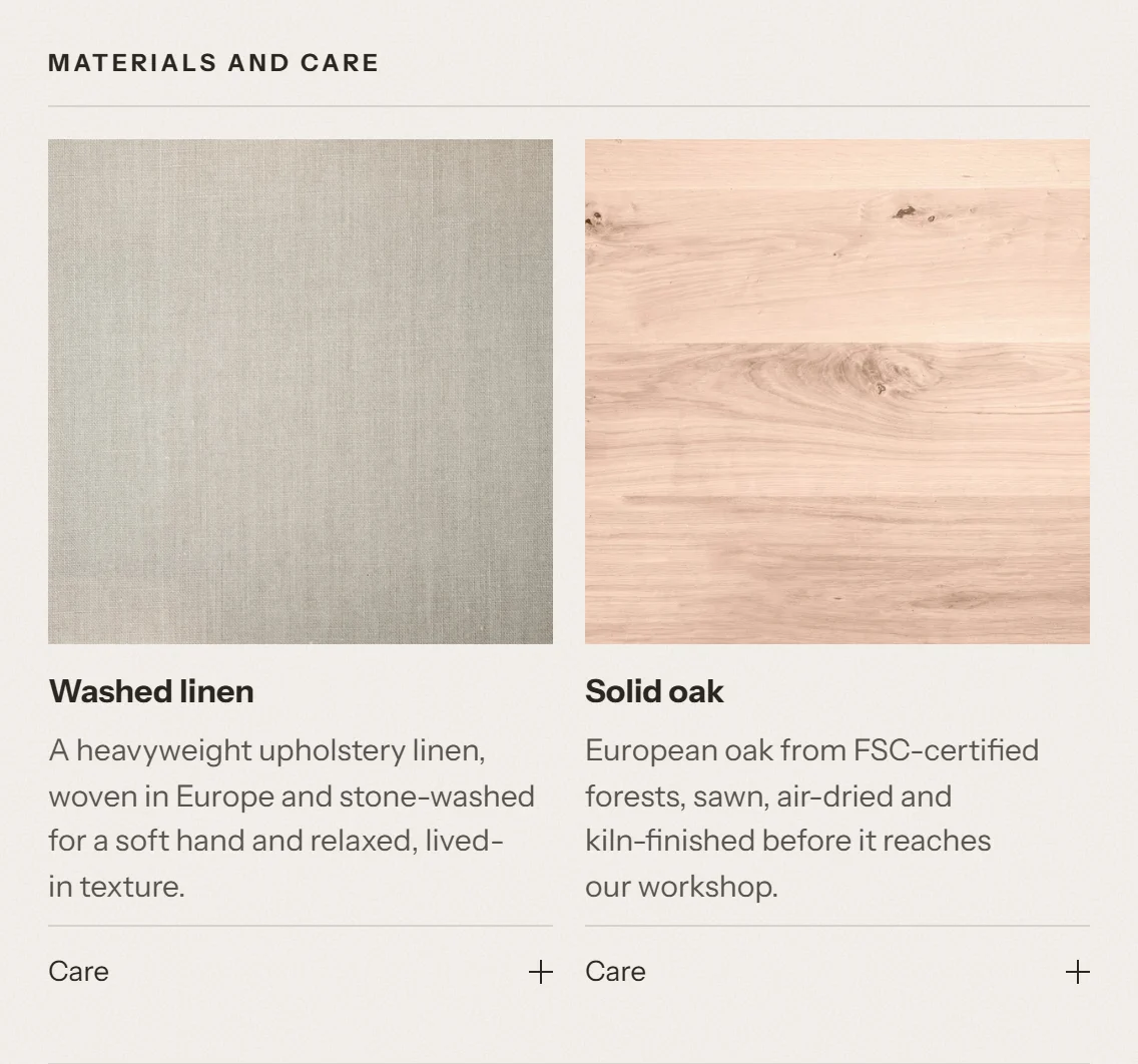 Materials and care shown as cards, each with a large image, the material name, a short description and a care toggle