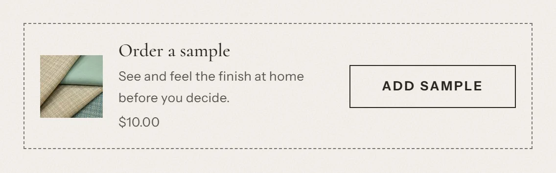 An "Order a sample" card on a product page with a small swatch image, the price and an "Add sample" button