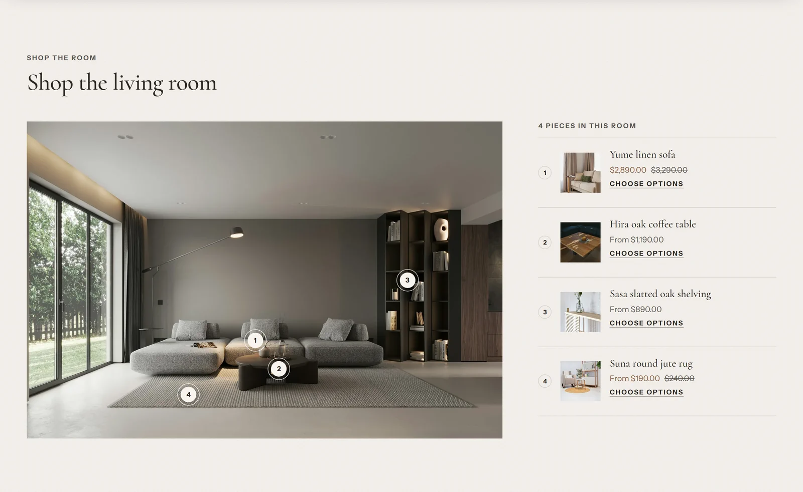 A living room photo with numbered hotspots; one hotspot is open and shows a product with its price and an add to cart button