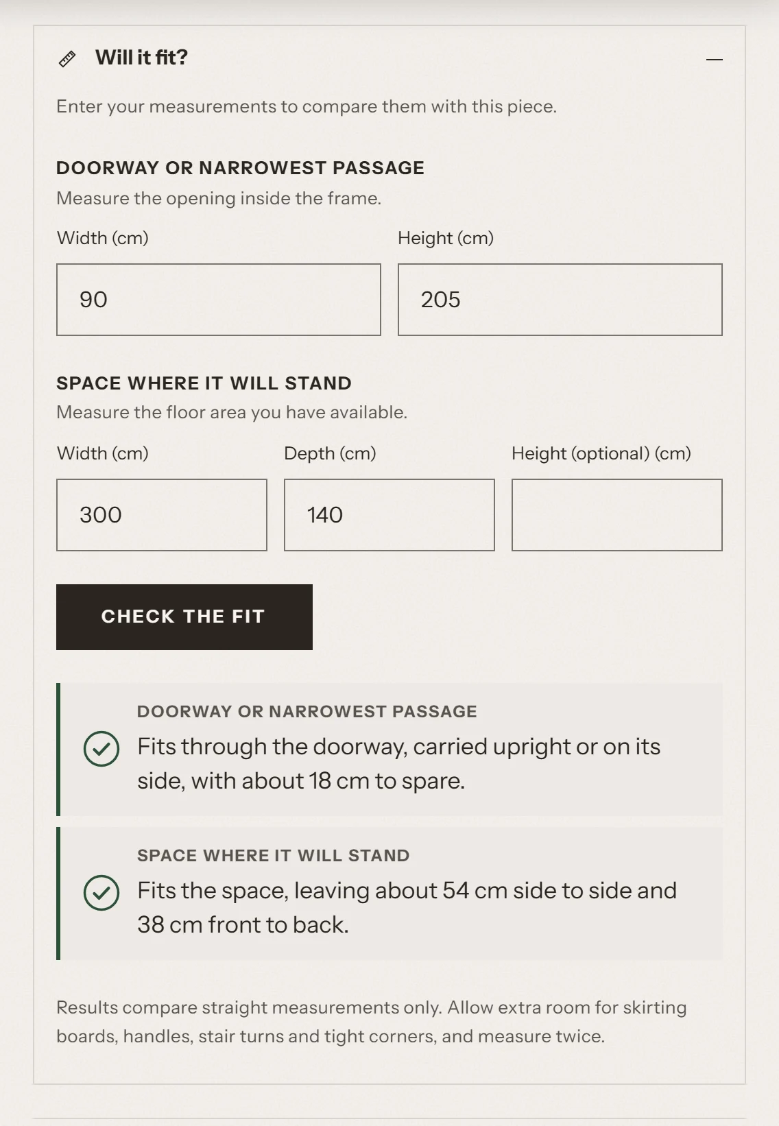 The "Will it fit?" helper on a product page, showing a doorway check and a floor space check with a result